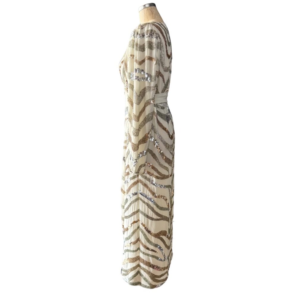 ASOS White, Gold, Silver Long Sleeve Sequin Zebra Print Wrap Midi Dress Size 6 - Picture 4 of 16